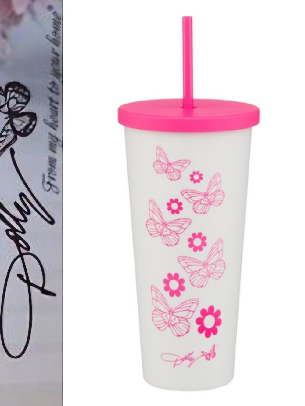 Dolly Parton 20oz Butterfly Travel Tumbler w/Lid & Straw- Pink